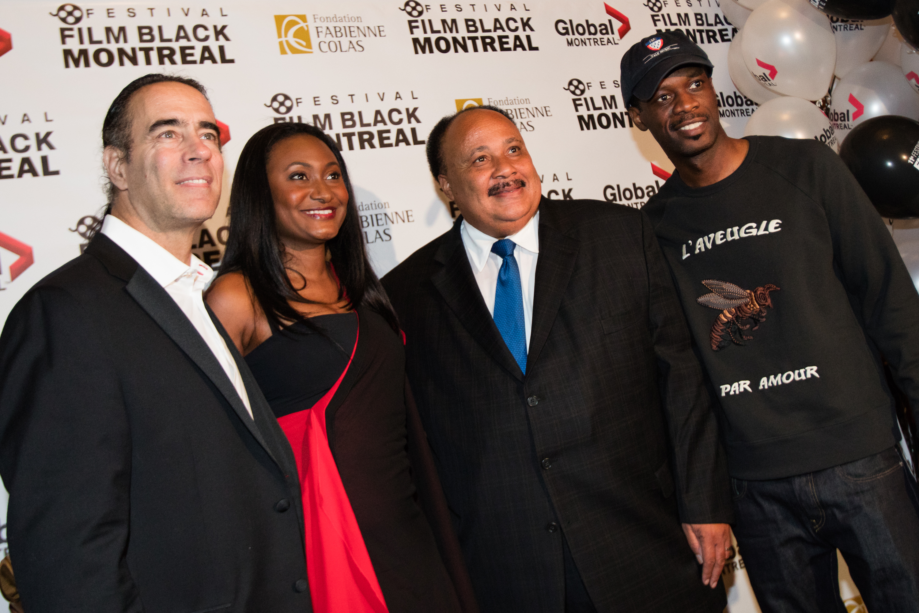 Émile Castonguay, director of programming, Fabienne Colas, festival founder, Martin Luther King III and Pras Michel on Red Carpet of MIBFF. Photo by Marie-Pier Savard.