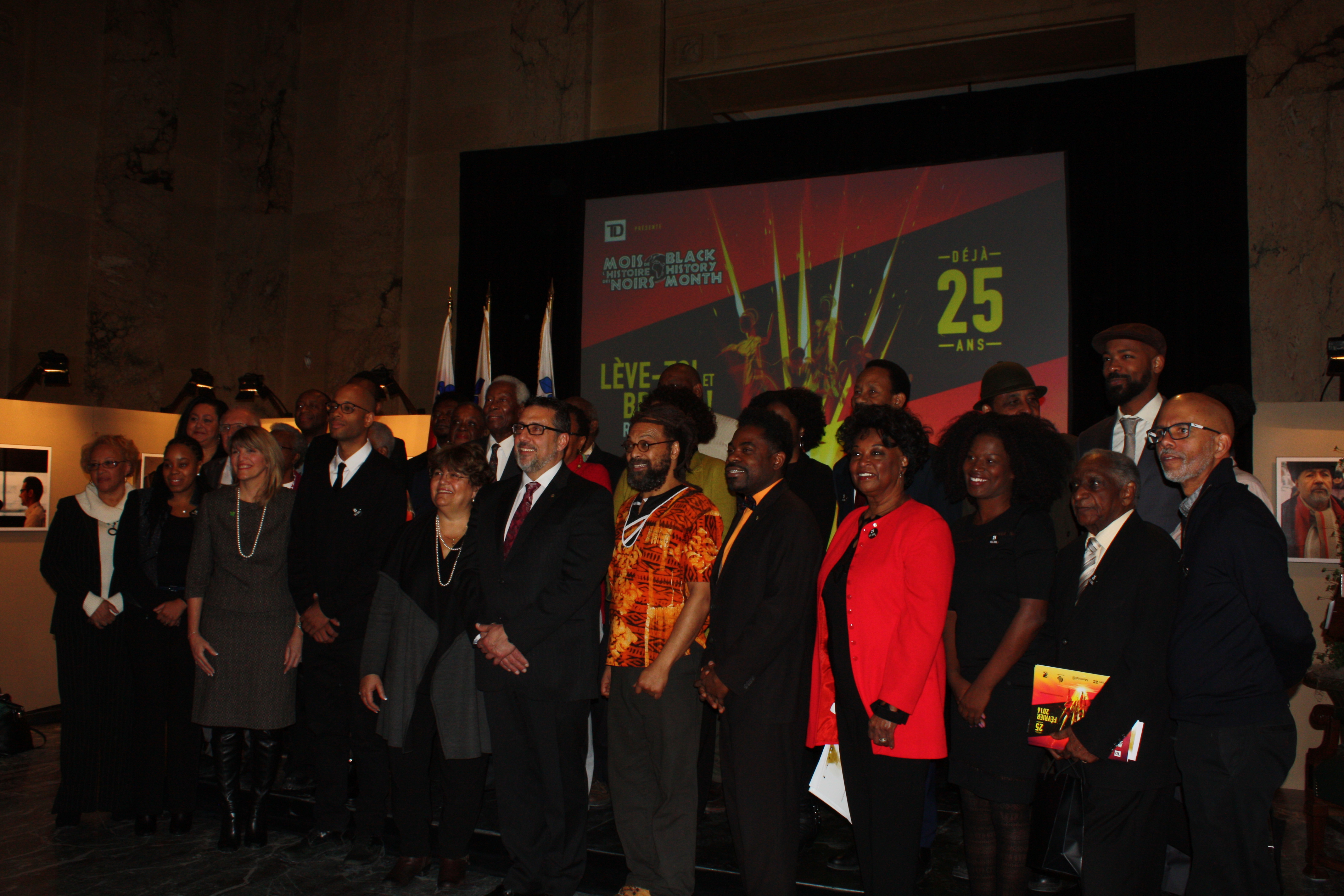 The directive team of the Black History Month, their laureates and partners gather for the 25th anniversary the event's Conference at the City Hall of Montréal on Tuesday 19th, 2016. Photo by Ambre Sachet.