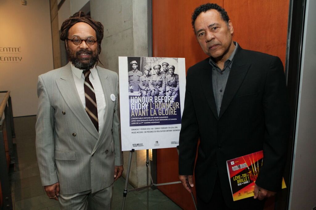 President of Black History Month, Michael Farkas, and Anthony Sherwood.  Honour Before Glory: A still from Honour Before Glory, which explores both race and the military within Canada. 