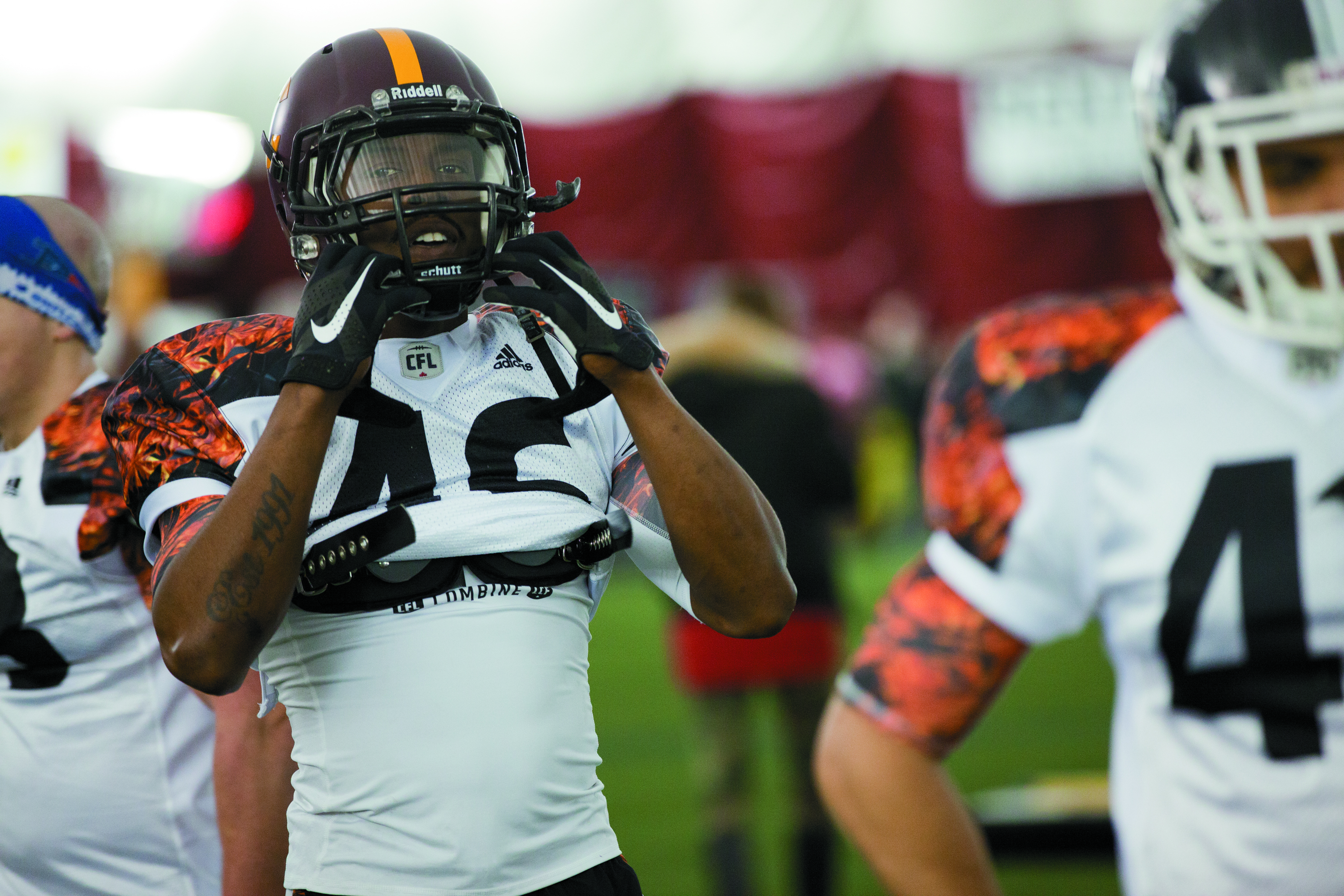 Stingers cornerback Rashawn Perry waits to do a drill during the CFL combine. Photo by Marie-Pierre Savard. 