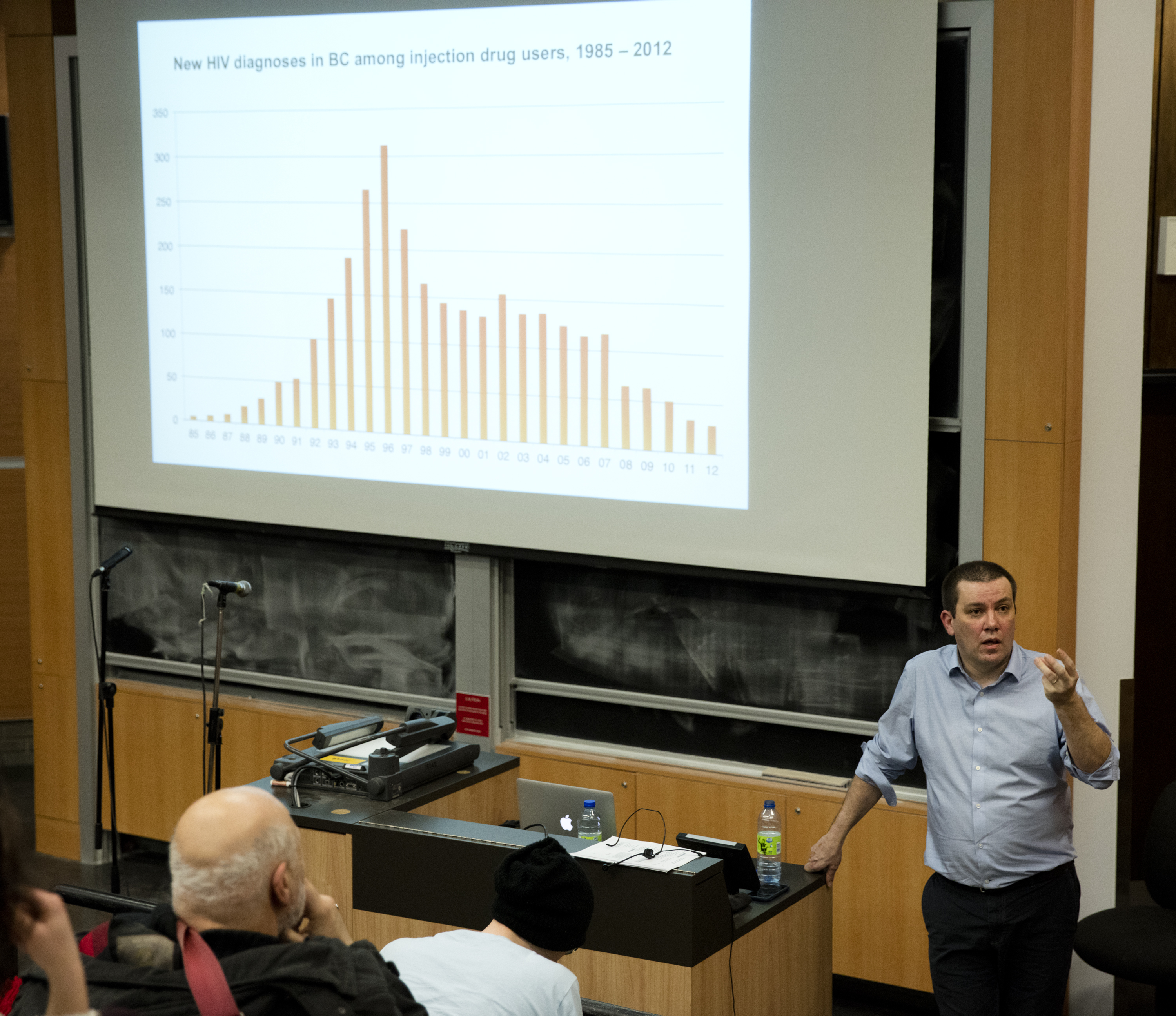 M.J. Milloy discusses ending HIV in the Leacock building at McGill University. Photo by Marie-Pierre Savard.