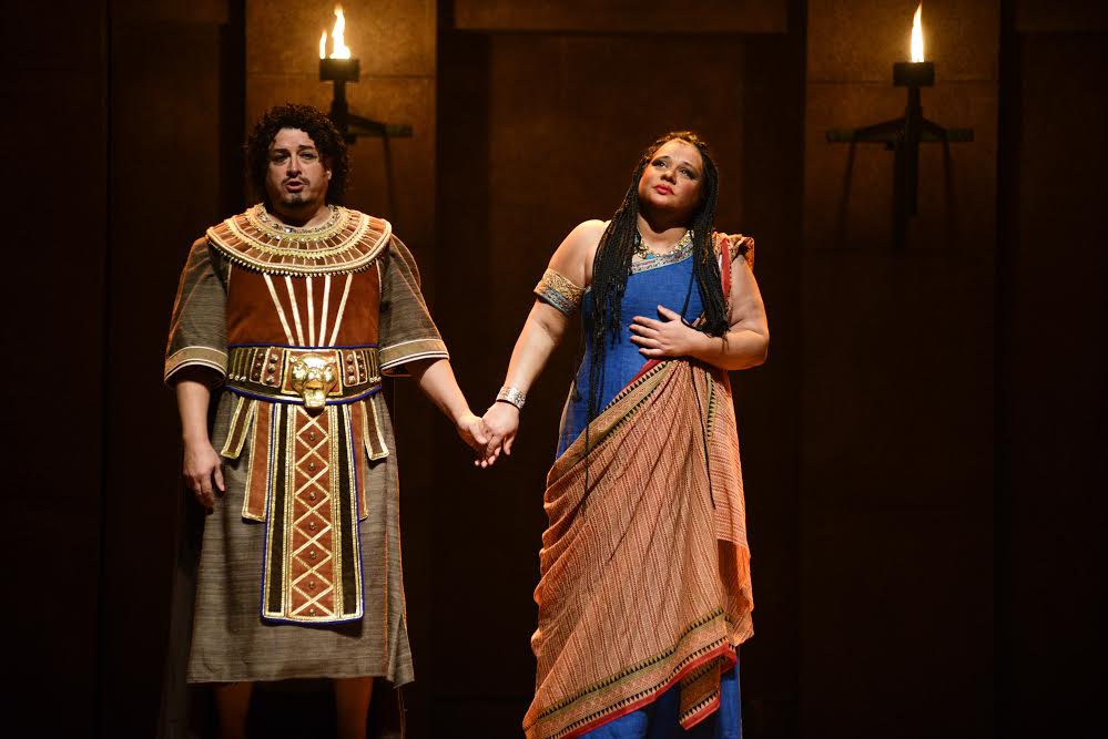 Radames (Kamen Chanev) and Aida (Anna Markarova) stand together in the tomb which will be their grave. Photo © Yves Renaud. 