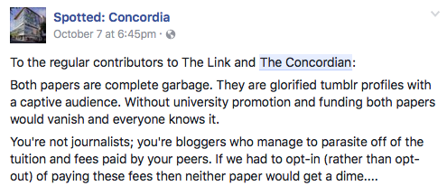 A screenshot from the Spotted: Concordia Facebook page. 