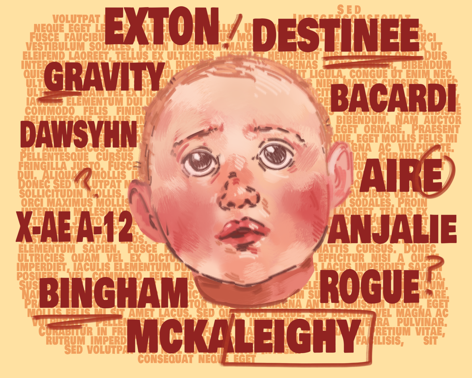 Portrait of a concerned baby surrounded by unique celebrity baby names